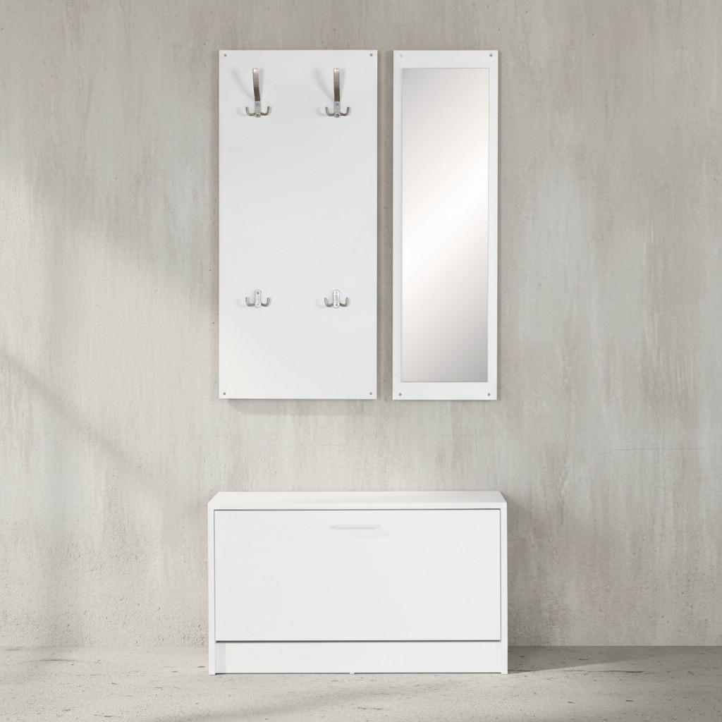 WANDGARDEROBE mit Spiegel, 10 Haken und Platz für 8 Paar Schuhe DELFT, Weiß 80x27x180 cm - Weiß, Holz (80/180/27cm) - KADIMA DESIGN