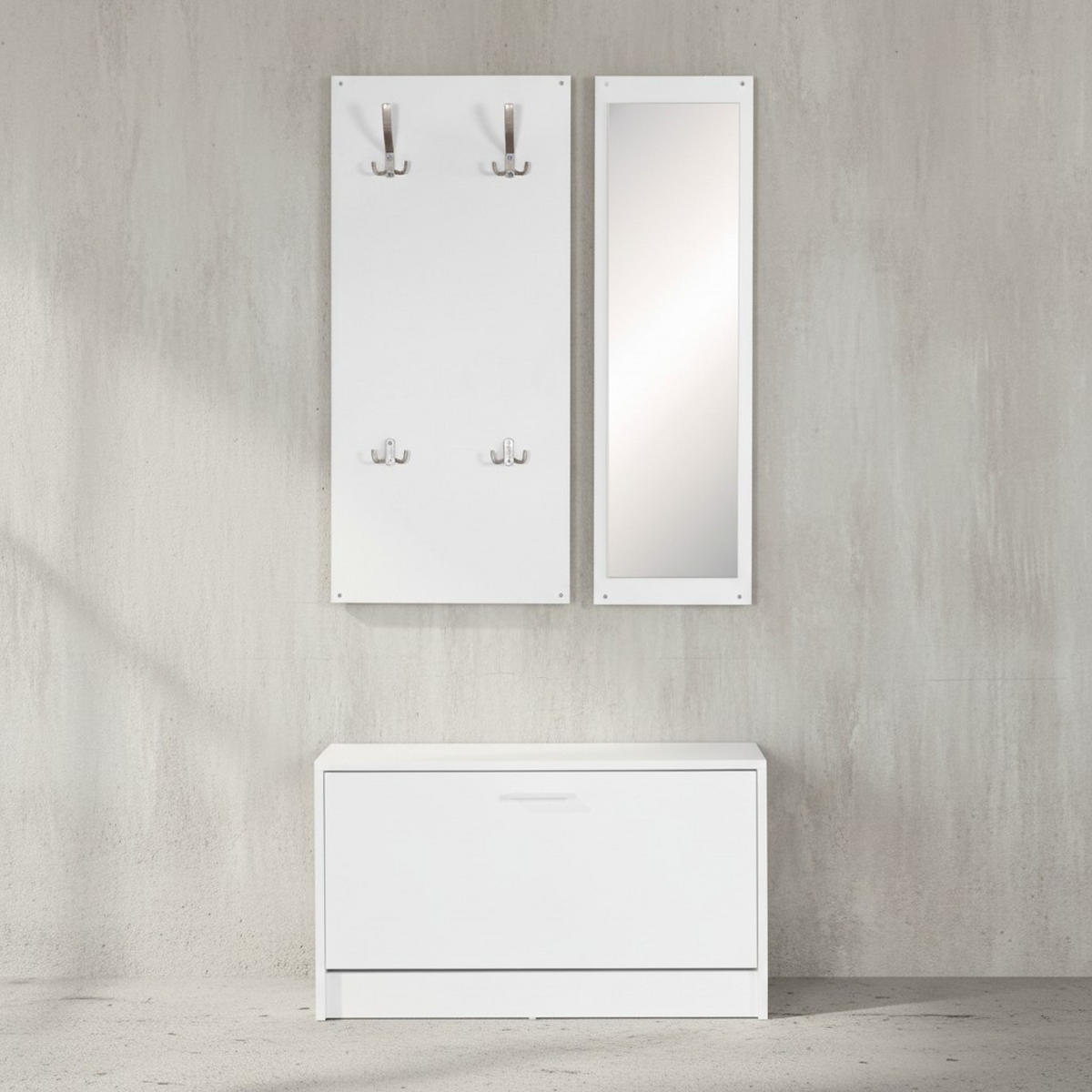 WANDGARDEROBE mit Spiegel, 10 Haken und Platz für 8 Paar Schuhe DELFT, Weiß 80x27x180 cm - Weiß, Holz (80/180/27cm) - KADIMA DESIGN