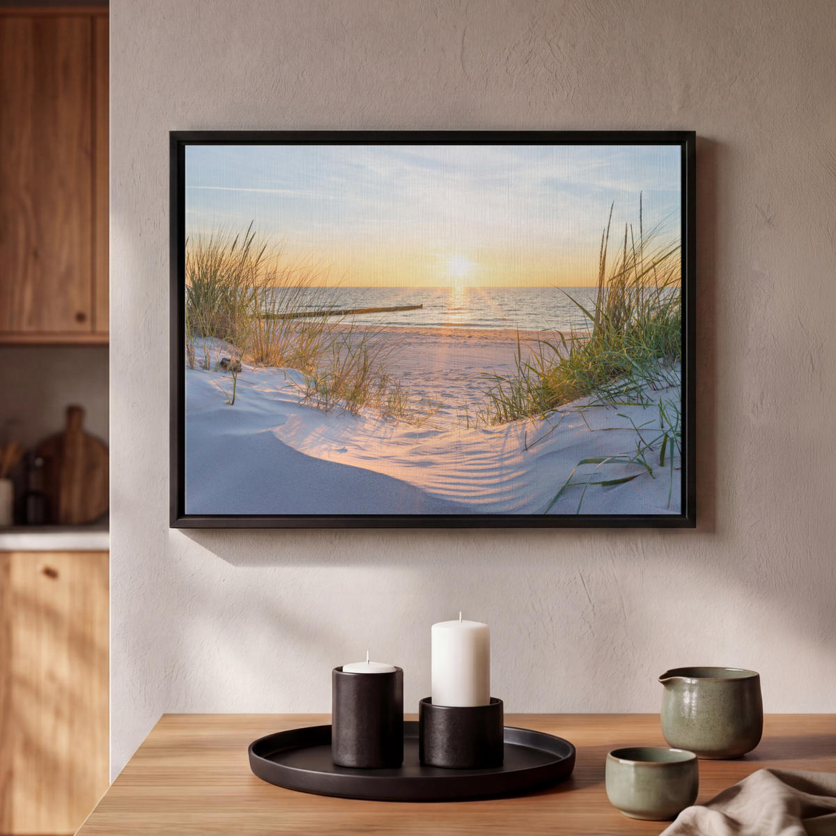 LEINWAND Bilder mit Rahmen - Strand - Sonne - Düne - Gras - Sand - Horizont - 40x30 - Hellblau, Textil (40/30cm) - MuchoWow