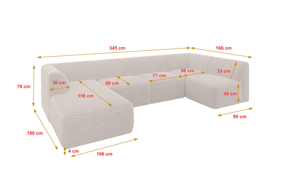 WOHNLANDSCHAFT Ottomane Links MOVO-L 345x180x78 cm Creme Cord - Creme, Holzwerkstoff/Kunststoff (345/78/180cm) - ALTDECOR