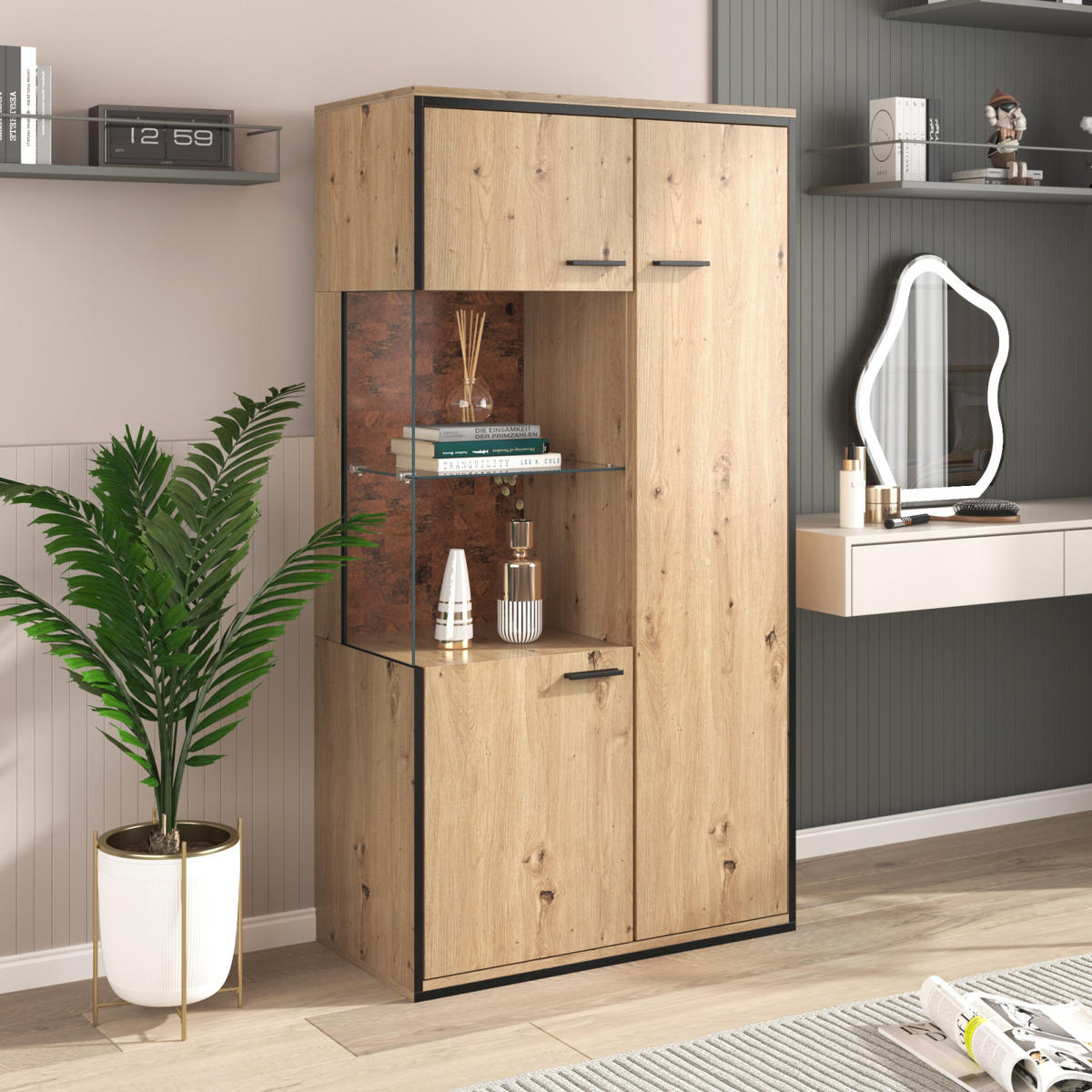 SIDEBOARD 78x40x150 cm, LED, Glastür, Glasregal, Naturfarben - Kastanienfarben, Holz (78/150/40cm)