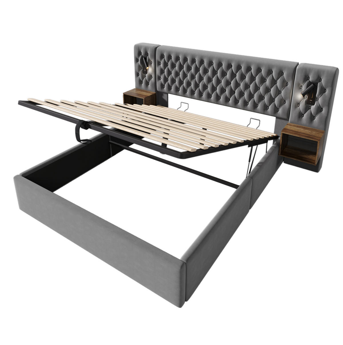 TAPECIRANI krevet 160/200 cm sivi od baršuna s prostorom za odlaganje i 2 noćna ormarića - siva, tekstil (160/200cm) - OKWISH