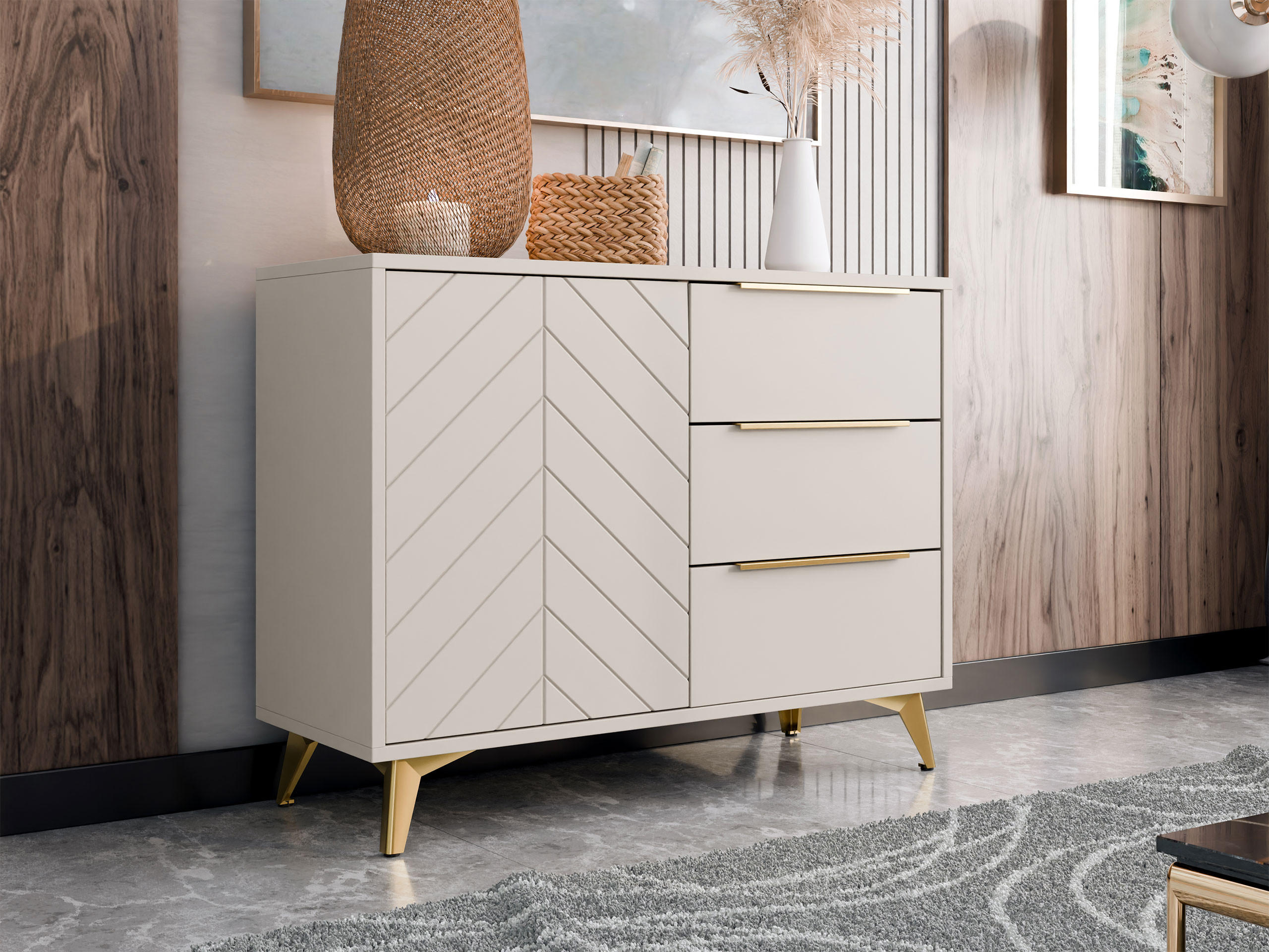 KOMMODE Xylix 100 1D3SZ - Kaschmir/Beige, Holzwerkstoff/Metall (104/80/40cm) - MIRJAN24