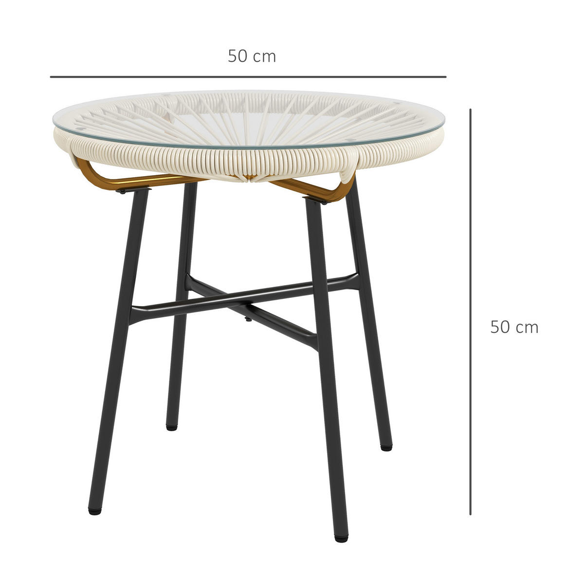 GARTENBEISTELLTISCH DE-13608 rund mit Glasplatte, PE-Rattanoptik Creme - Creme, Metall (50/50/50cm) - ComfortXL