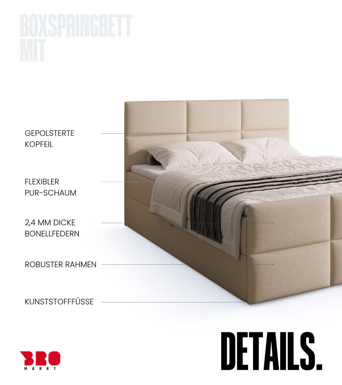 BOXSPRINGBETT Boston Duo Mit Bettkasten, Topper und Matratze Ecru Cosmic 10 140x200 cm - Ecru/Schwarz, Textil (140/200cm) - Bromarkt
