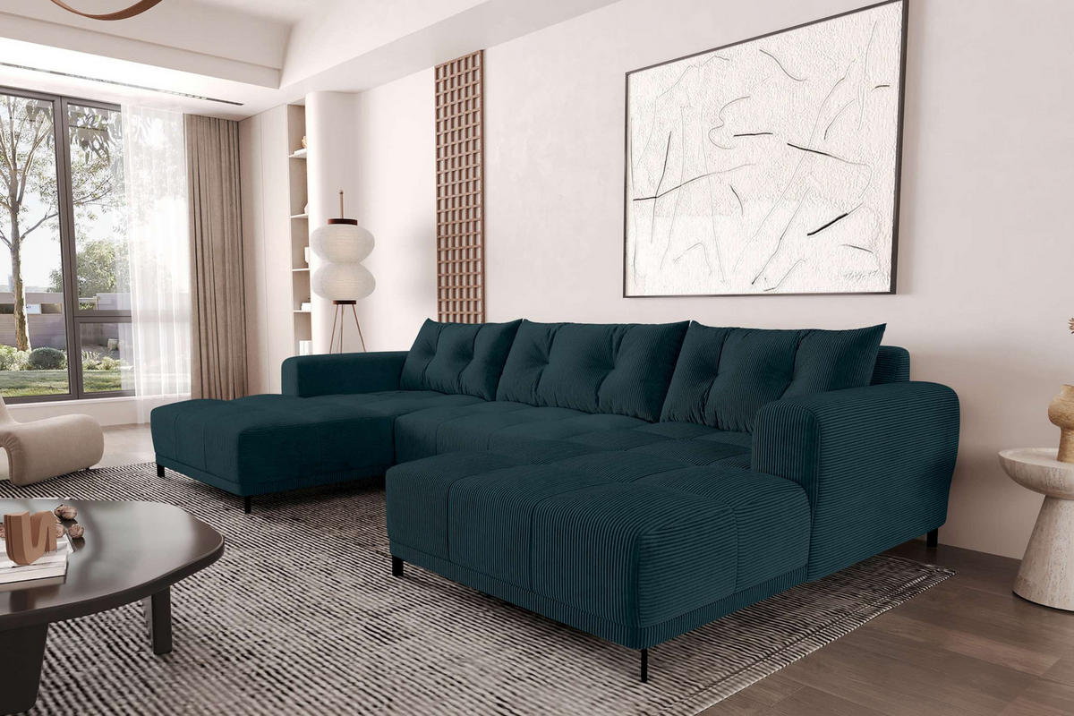 WOHNLANDSCHAFT Massimo Cordstoff Blau inkl. Schlaffunktion - Blau/Schwarz, Textil/Metall (356/94/181cm) - 99rooms