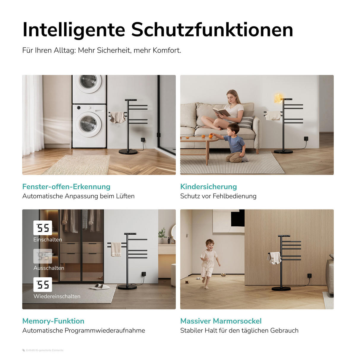 HANDTUCHHALTER elektrisch Standmodell LED Touch Display/App-Steuerung Schwarz 100/53,9 cm - Schwarz, Metall (53.9/100/35cm) - EMKE