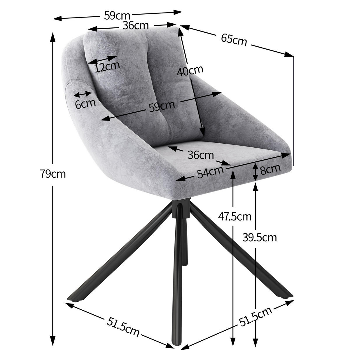 DREHSTUHL ergonomisch Samt Grau 6er-Set - Grau, Metall (54/79/65.2cm) - Meubliv