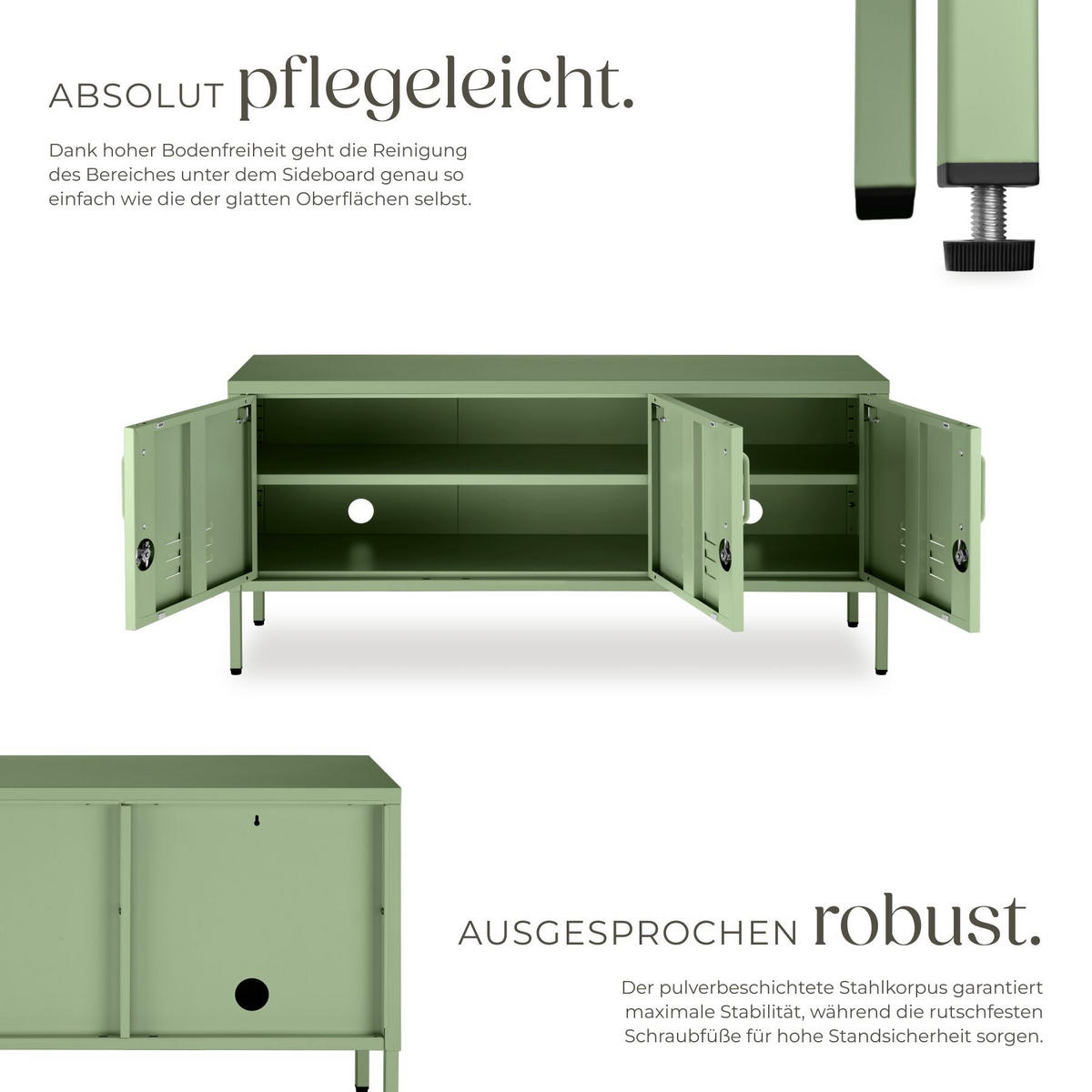 SIDEBOARD Baker, Kippschutz, höhenverstellbare Füße, salbeigrün - Salbeigrün, Metall (120/55.5/37.5cm) - tectake