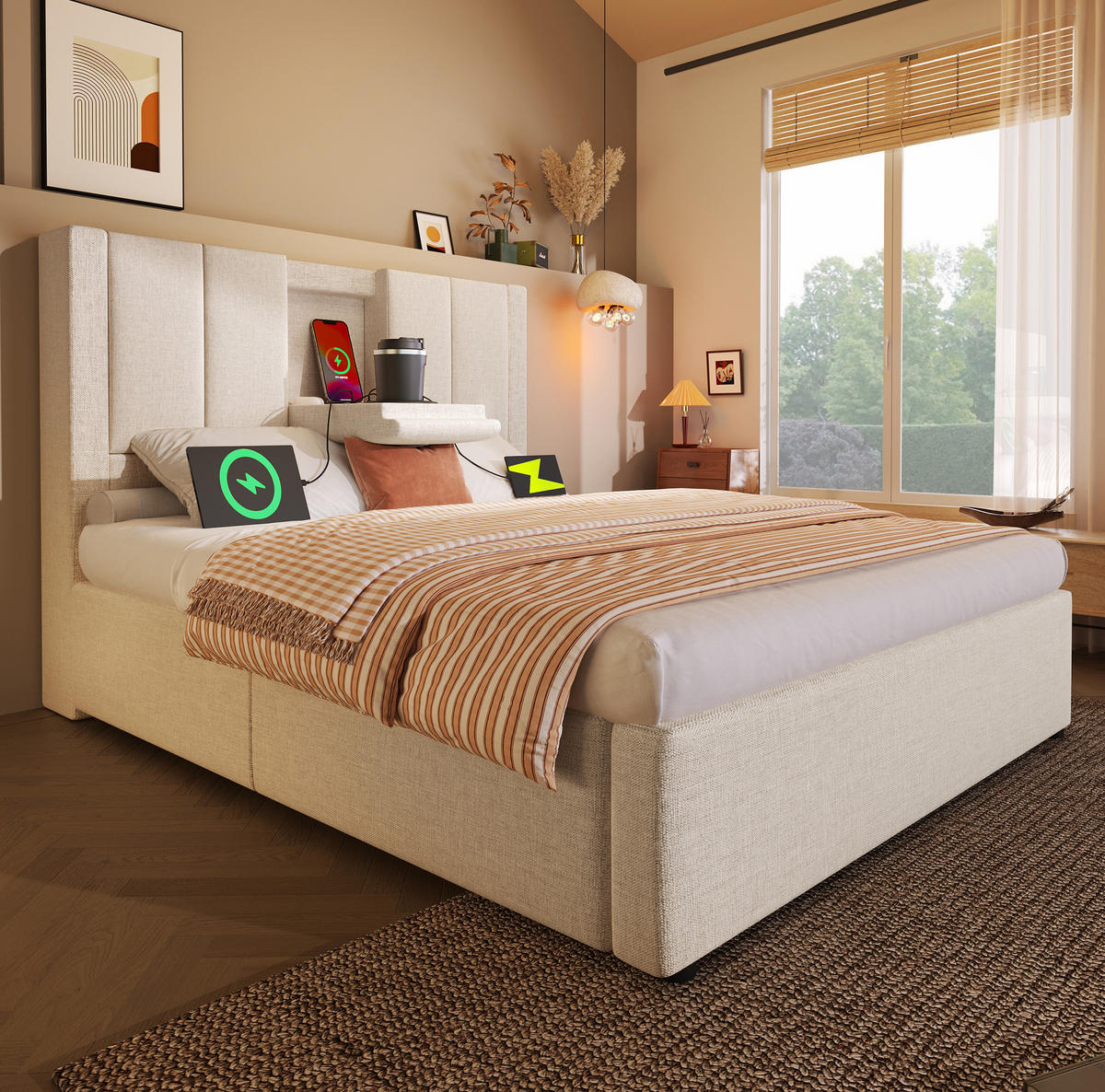 POLSTERBETT 90/200 cm aus Leinen mit Ladestation Becherhalter und Bettkasten Beige - Beige, Textil (90/200cm) - Modenvie