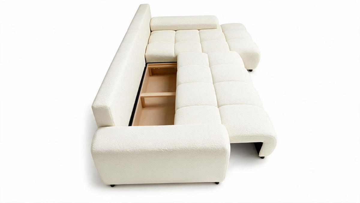 ECKSOFA Ovia mit Bettkasten und Schlaffunktion, Bouclé-Stoff in L-Form - Beige, Textil (270/185cm)