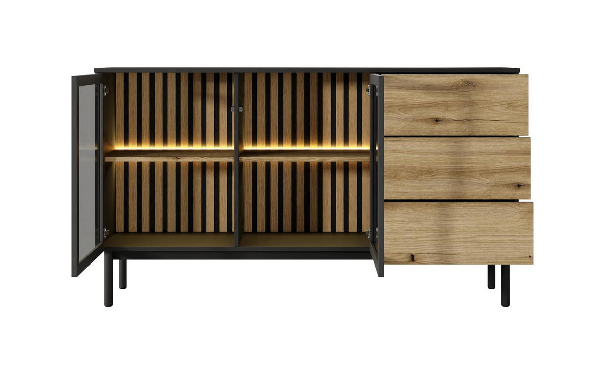 KOMMODE Lango 150 Schwarz mit Eiche Evoke, Kombikommoden mit Led-Beleuchtung - Schwarz, Holzwerkstoff (150/85/39cm) - Bettso