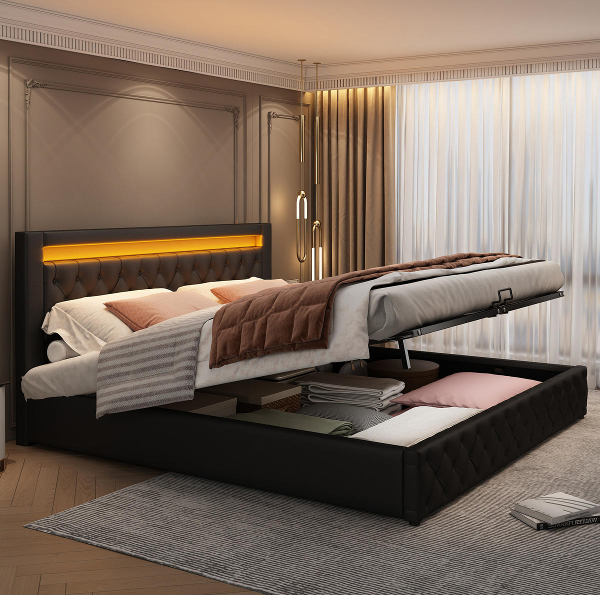BETT mit Bettkasten und LED 140x200 cm PU Schwarz - Schwarz, Metall (140/200cm) - Meubliv