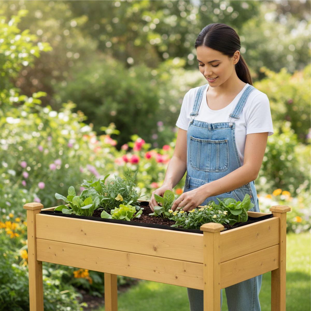 HOCHBEET - Hellbraun, Holz/Textil (105/84/56.5cm) - Relaxdays