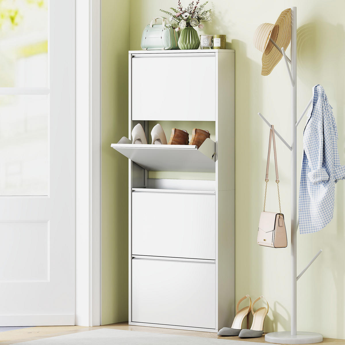 SCHUHSCHRANK mit 4 Klappen Schuhkipper Schmal für 8 Paar Metall Weiß - Weiß, Metall (15/139/55cm) - HOMCOM