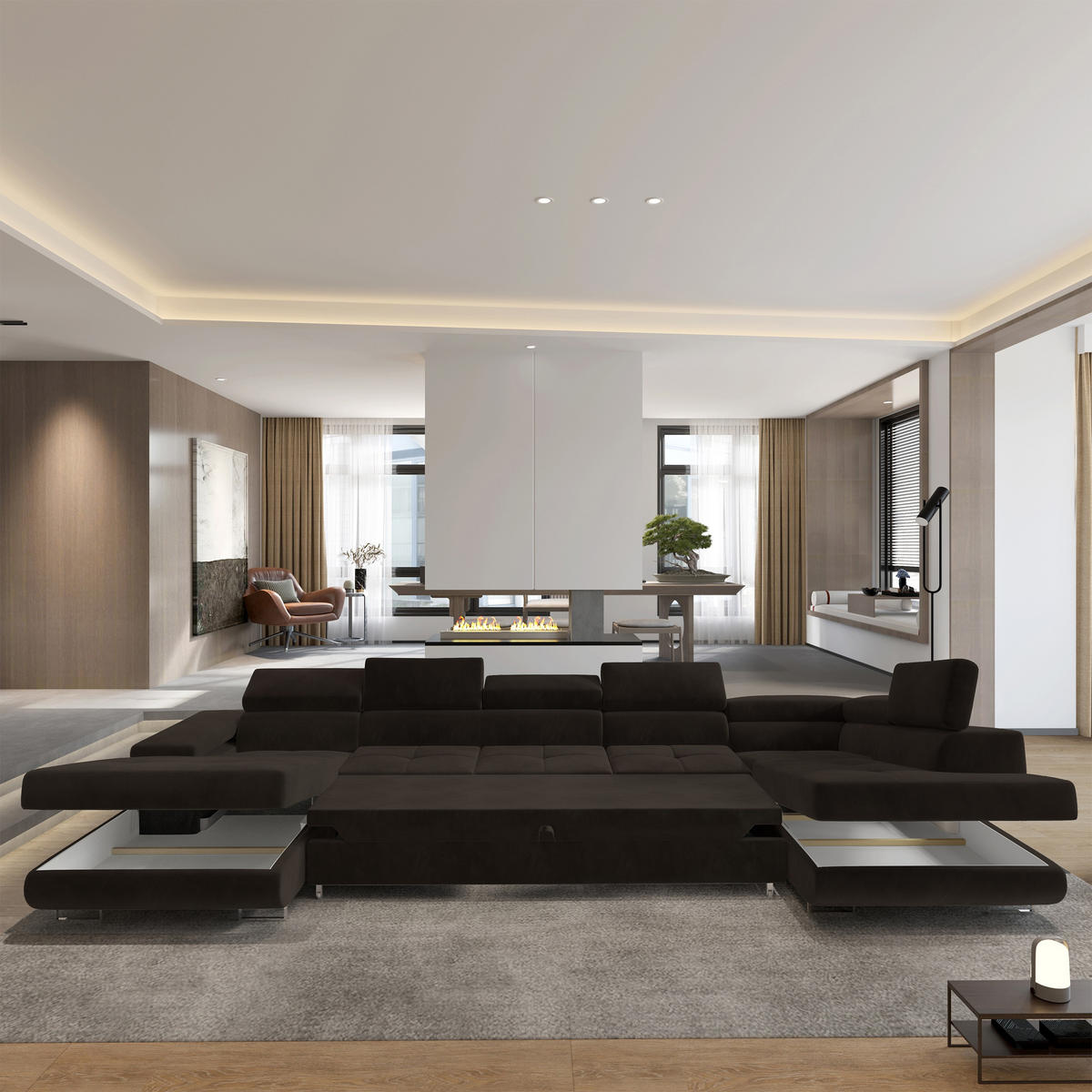 WOHNLANDSCHAFT TORIVA R-S Braun Velours-Stoff mit Schlaffunktion - Braun, Holz (418/90/202cm) - MASSENO