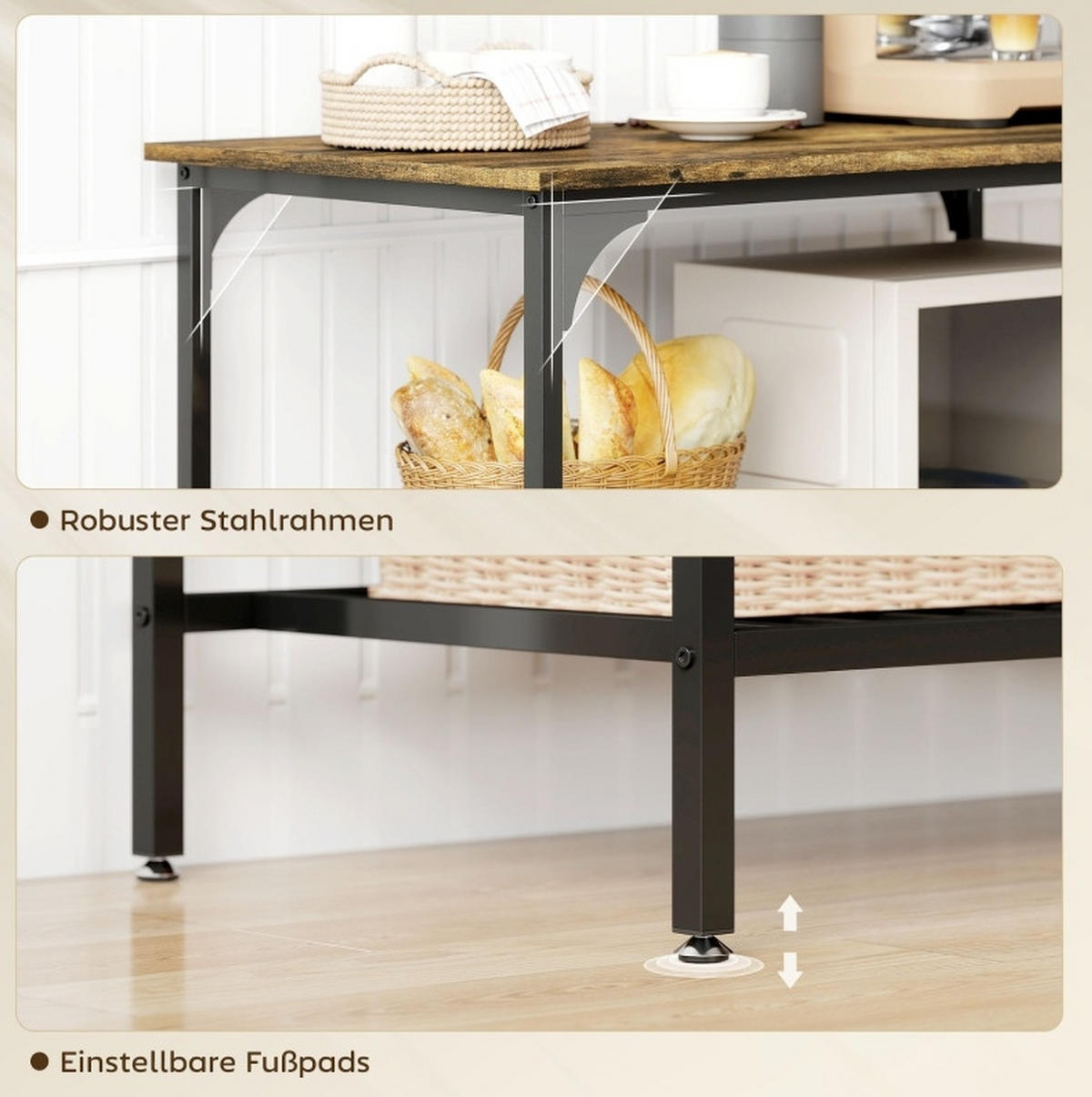 STANDREGAL Küchenregal 100/50/90 cm mit 3 Ebenen in Rustikalbraun und Schwarz - Braun, Holz (100/90/50cm) - BEAOK