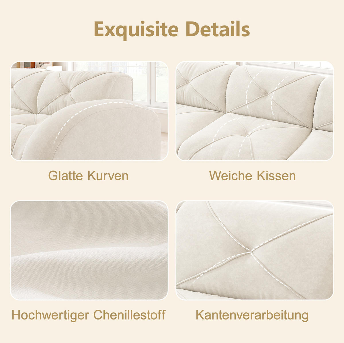 2-SITZER-MODULSOFA aus Chenille Hellbeige mit Hocker, rahmenlosem Design und 32D-Hochdichteschaum - Weiß, Textil (204/76/171cm) - Modfu