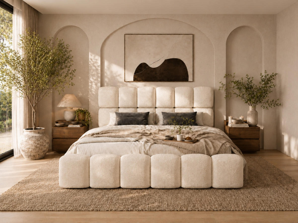 POLSTERBETT TESSA 140x200 cm in Beige, gepolstertes Kopfteil, Metalllattenrost, Bettkasten, Bouclé-Stoff - Beige, Holz/Textil (140/200cm) - EMLAR Home