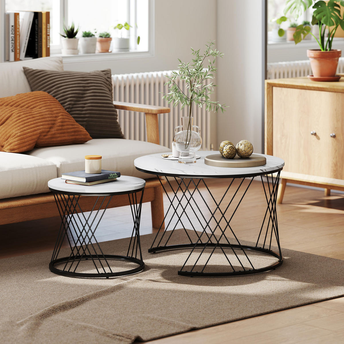COUCHTISCHE im 2er-Set, Marmoroptik, Spanplatte, Metall, runde Kaffeetische für Wohnzimmer, ineinanderstellbar, Weiß - Weiß, Holzwerkstoff (70/70/46.5cm)