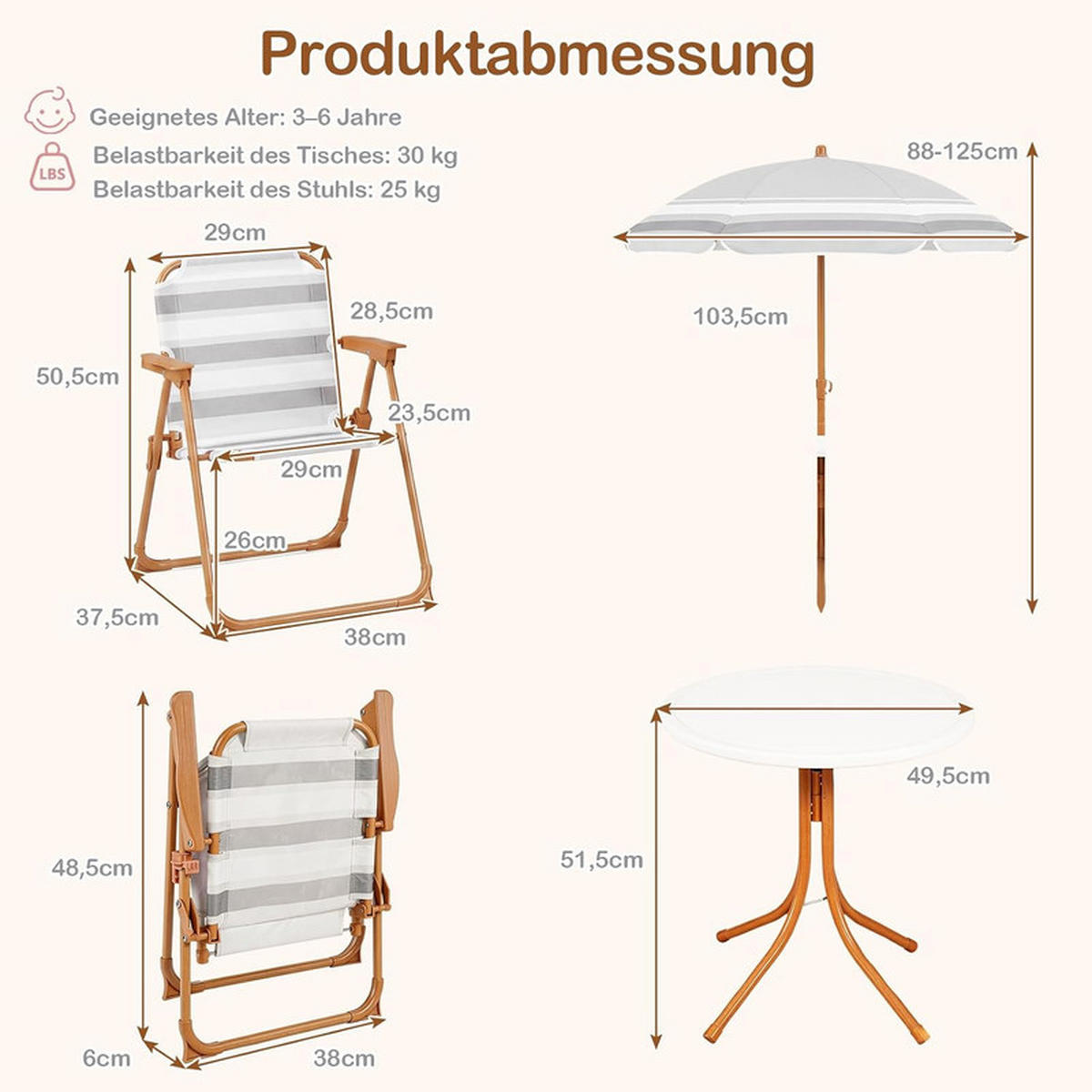 KINDER-SITZGRUPPE mit Sonnenschirm natur(4-tlg) - Naturfarben, Metall - COSTWAY