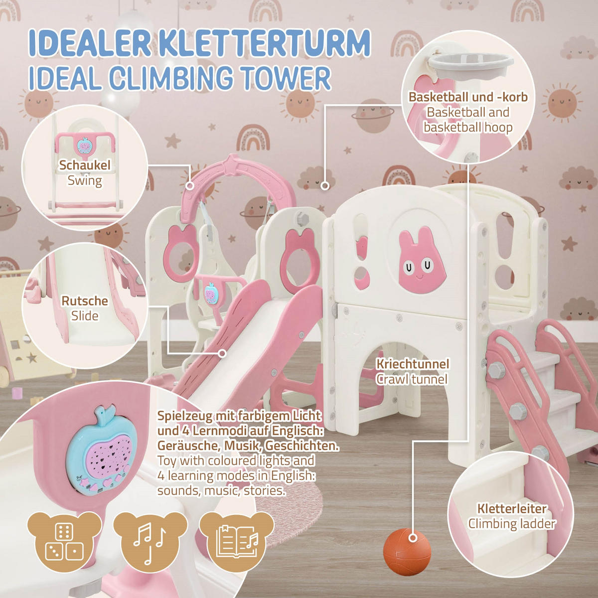 DĚTSKÁ SKLUZAVKA s herní věží a houpačkou, růžová, z plastu - růžová, plast (217/105/162cm) - Joyz