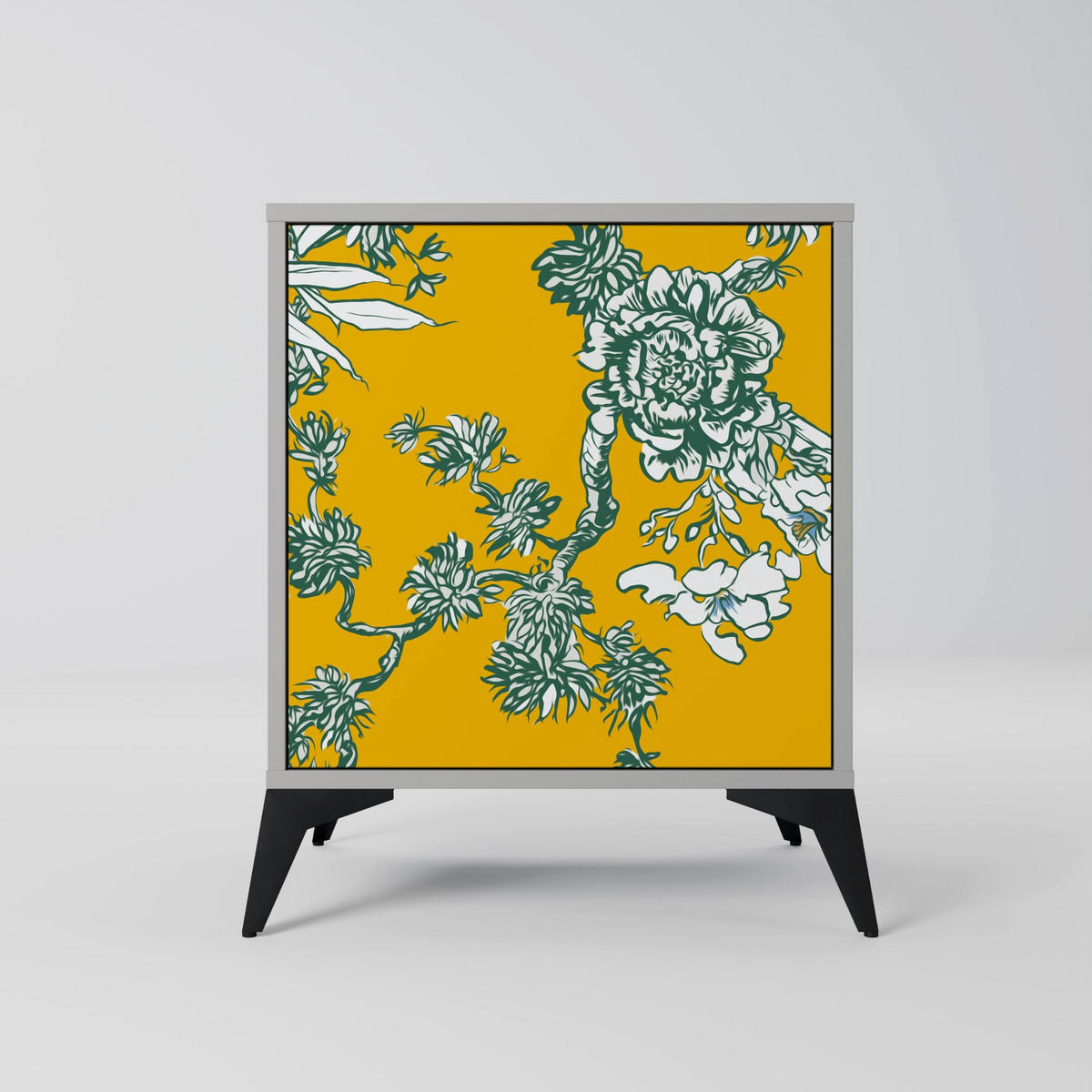 SIDEBOARD YELLOW CHINOISERIE, Grau, 57,5x42x67,5 cm, Schwarze Metall-Rahmenfüße - Multicolor/Schwarz, Holzwerkstoff/Metall (57.5/67.5/42cm) - SpaceRebels