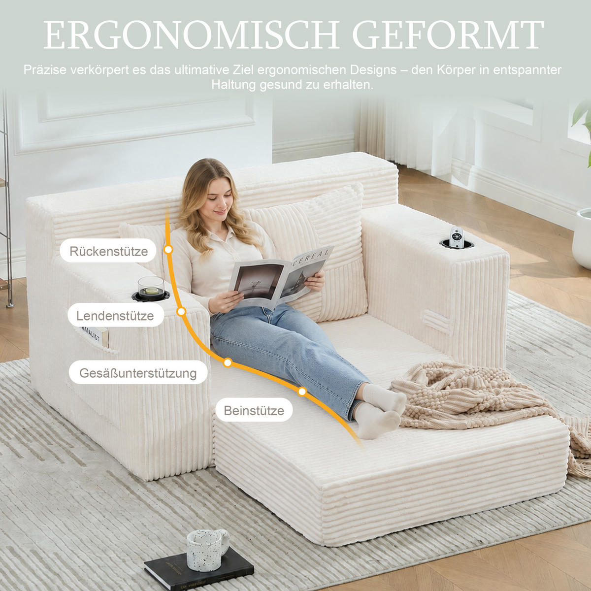 1,5-SITZER ausklappbar, Getränkehalter/Seitentasche, Cord, Beige - Beige, Textil (133/64/87cm) - LVHOM