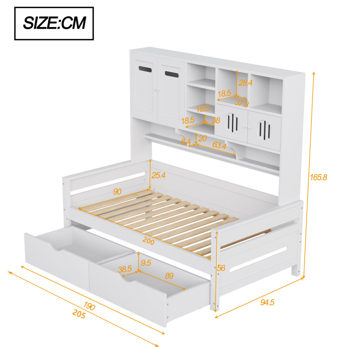 KREVET 90/200 cm s multifunkcionalnim spremištem, 2 velikim ladicama i letvičastim podnicama, Bijela - bijela, drvni materijal (90/200cm) - Redom