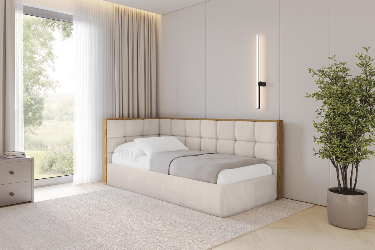 EINZELLBETT Jugendbett mit Bettkasten, Rechts - SOVY 100x200 Beige - Sandfarben, Holzwerkstoff/Textil (100/200cm) - ALTDECOR