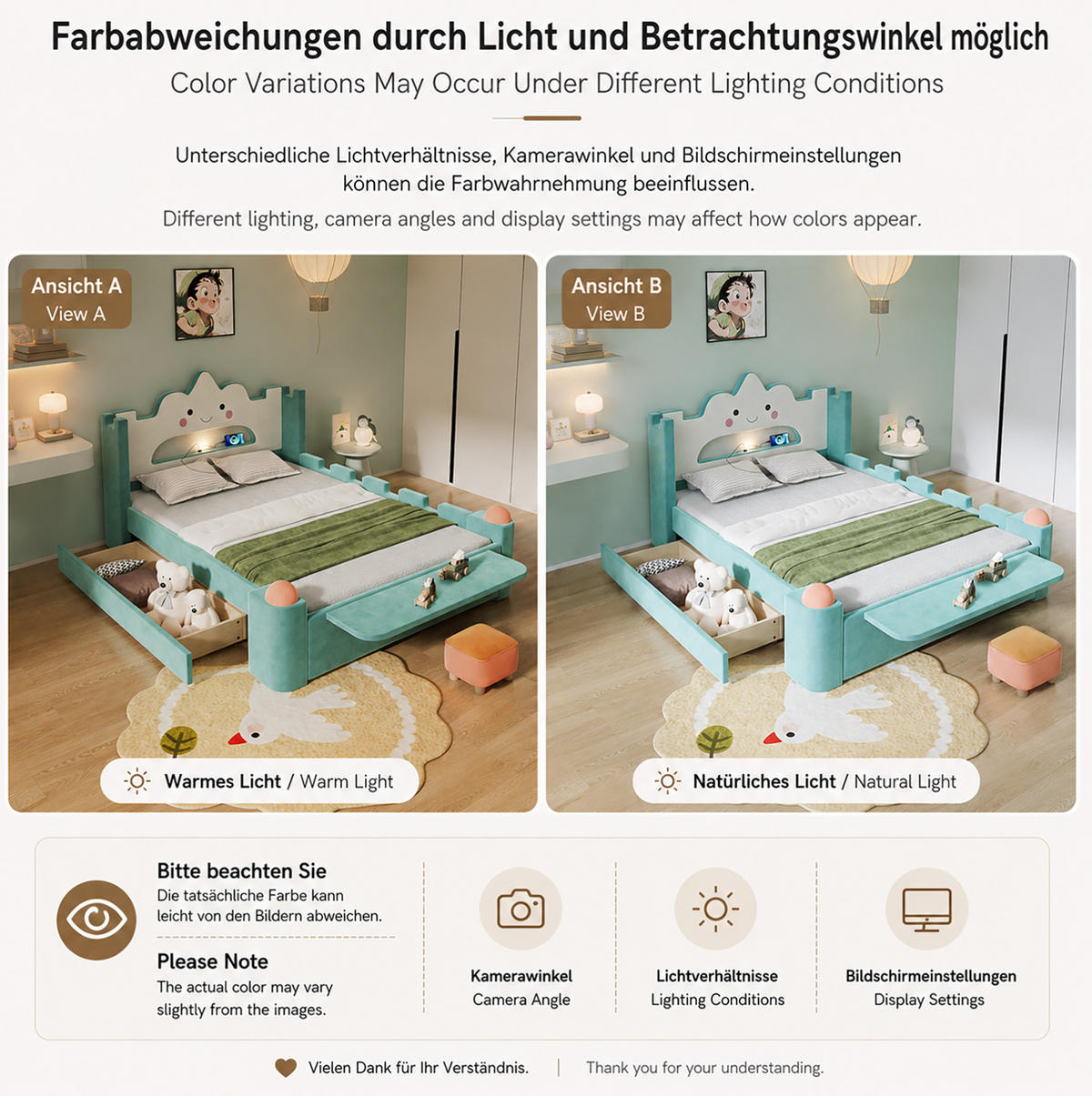 KINDERPOLSTERBETT 140x200 cm in Blaugrün mit Leselampe, USB-Anschluss und Schublade - Blau, Textil (140/200cm) - IVMEU