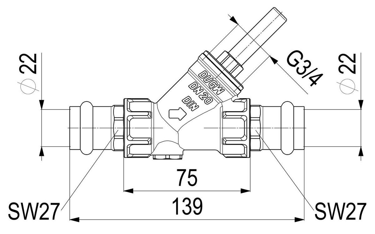 RUECKFLUSSVERHINDERER, O.ENTL. PRESSANSCHL.IG,DN20,PRESS22,DVGW - Schwarz, Metall (10/18/30cm) - Schlösser Armaturen