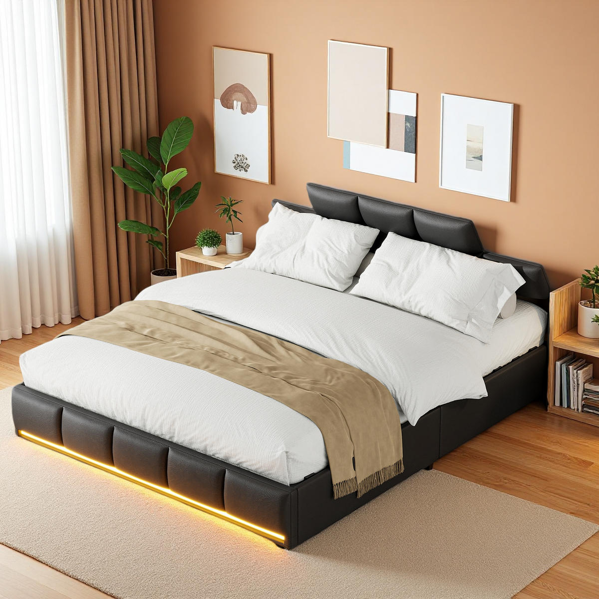POLSTERBETT 140x200 Schwarz LED - Schwarz, Holzwerkstoff (140/200cm) - SHOPENTRA