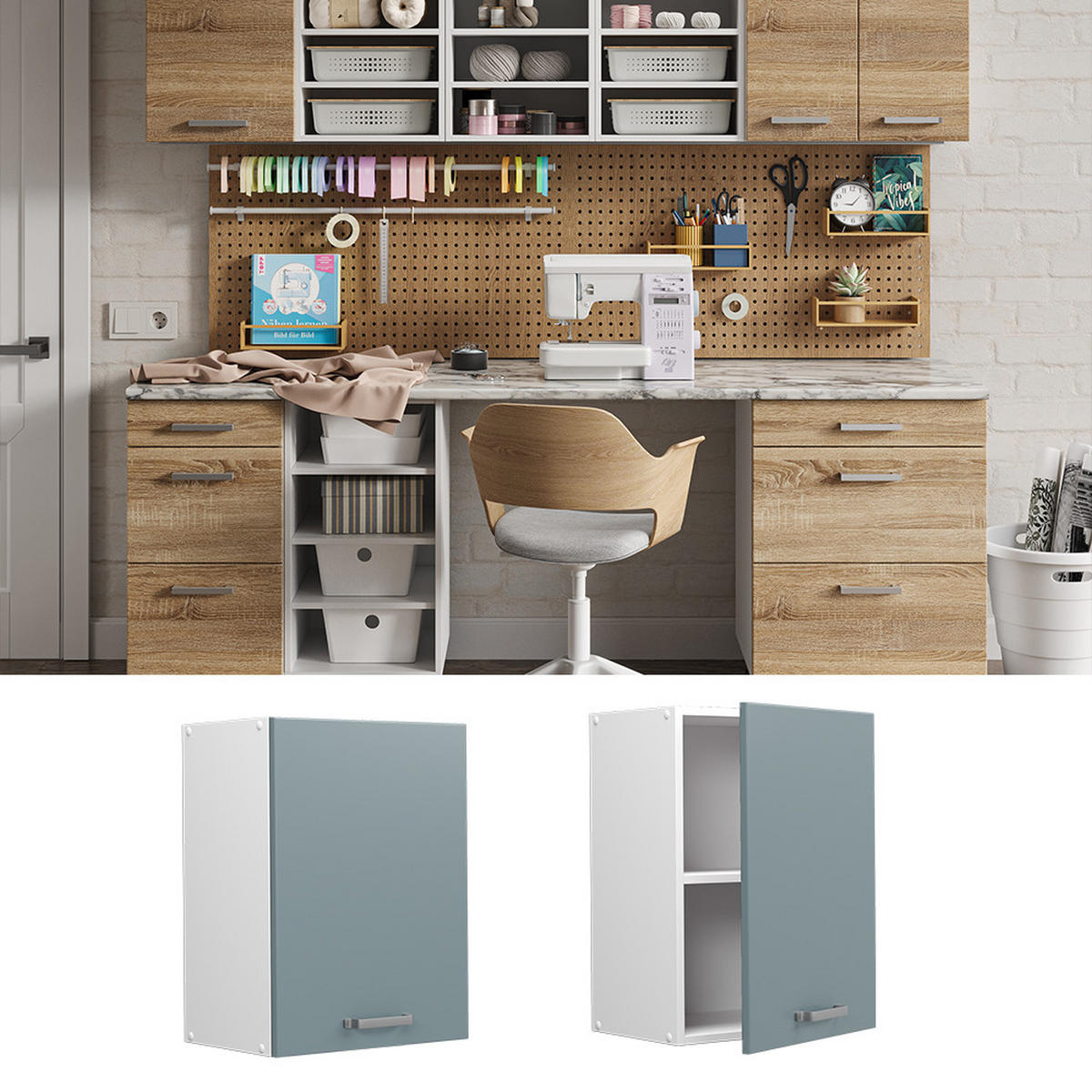 UNIVERZÁLNÍ NÁSTĚNNÁ SKŘÍŇKA R-Line Modrošedá - bílá/šedohnědá, kompozitní dřevo (45/60/31cm) - Vicco