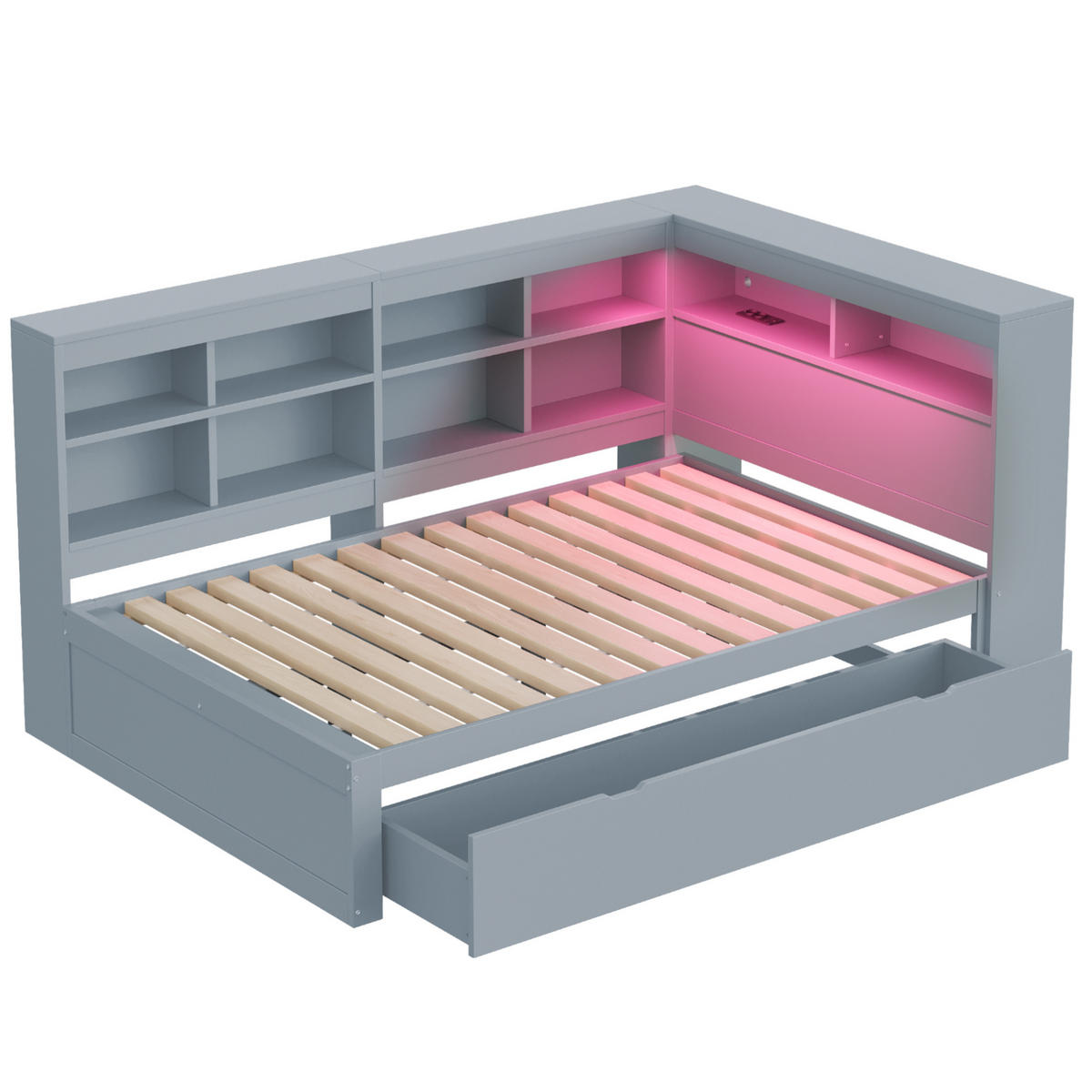 RAHMENBETT LED-Massivholzsofa 140/200 cm Grau mit Stauraum USB-Anschluss - Grau, Holz (140/200cm) - OKWISH