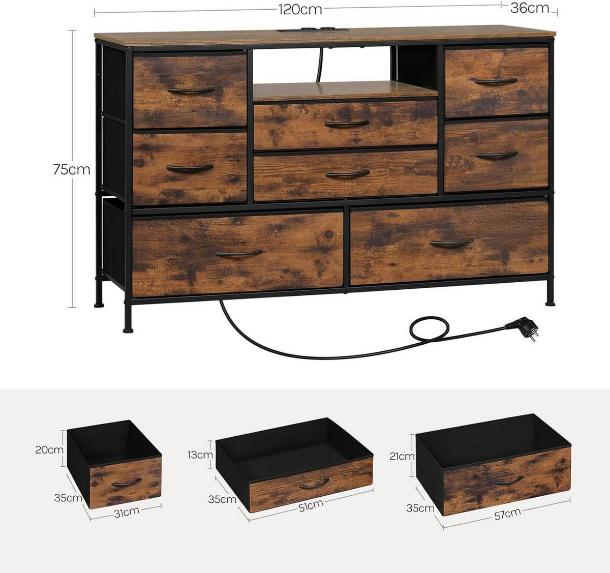KOMMODE mit 8 Schubladen, mit Ladefunktion, Rustikales Braun - Dunkelbraun/Schwarz, Holzwerkstoff/Textil (120/75/36cm) - Woltu