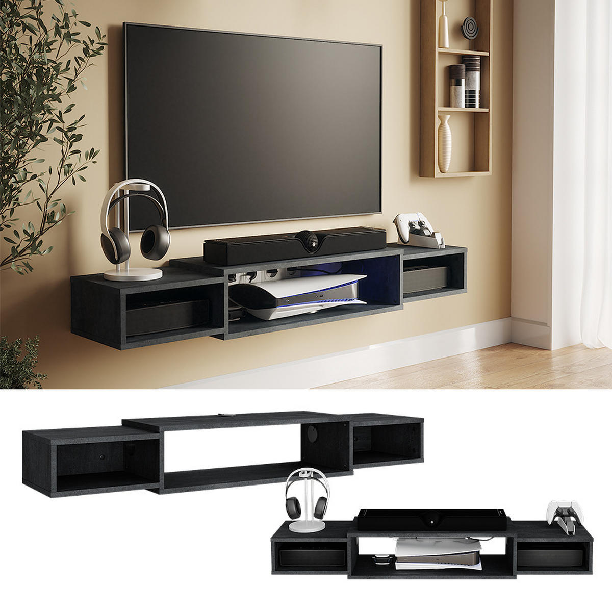 TV-SCHRANK Nordic Schwarz Beton 139.7 x 20.3 cm mit offenen Regalen - Schwarz, Holzwerkstoff (139.7/20.3/29cm) - Vicco