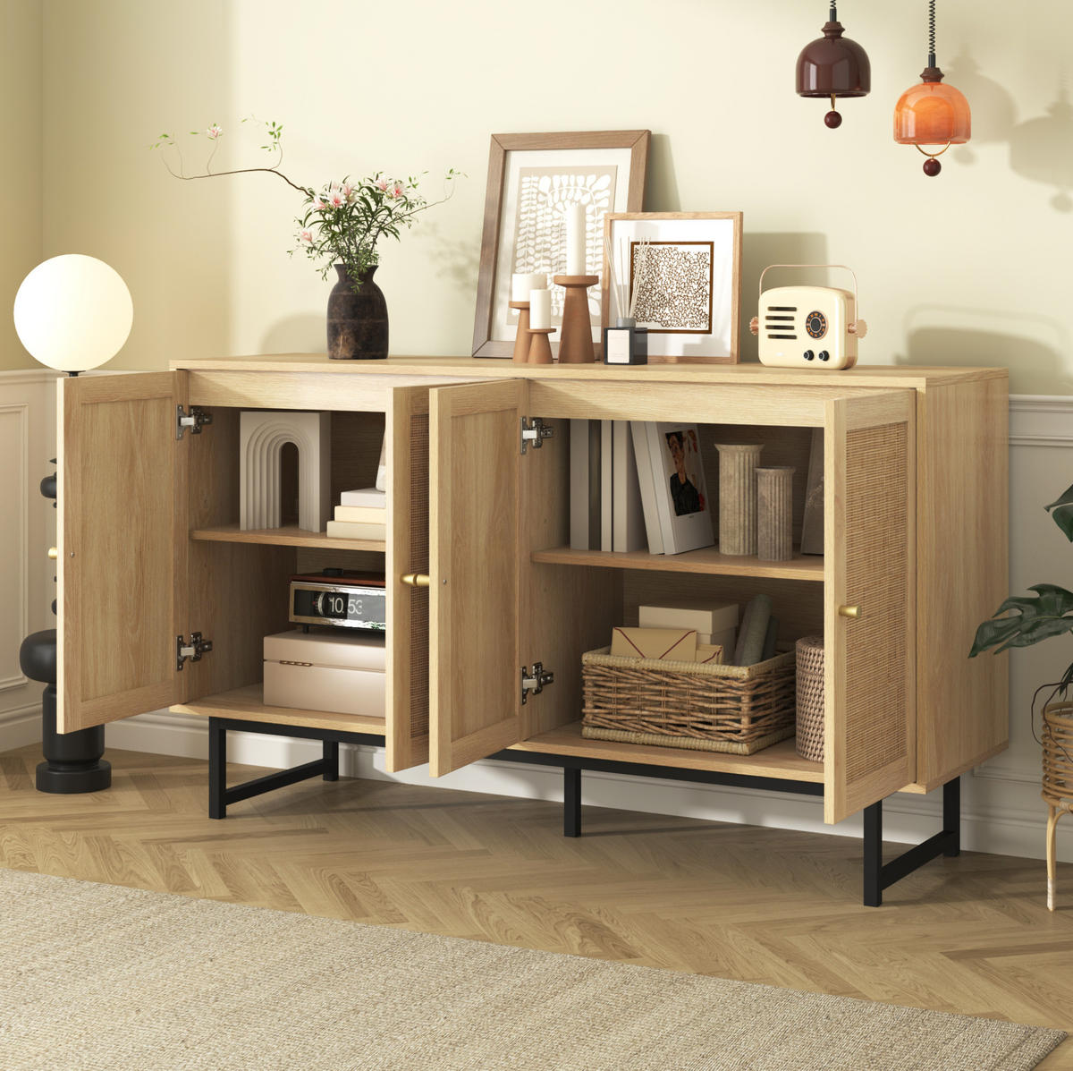 SIDEBOARD mit 4 Türen 140 x 39,5 x 80 cm Holzoptik mit Rattangeflecht - Braun, Holzwerkstoff (140/80/39.5cm) - Meubliv