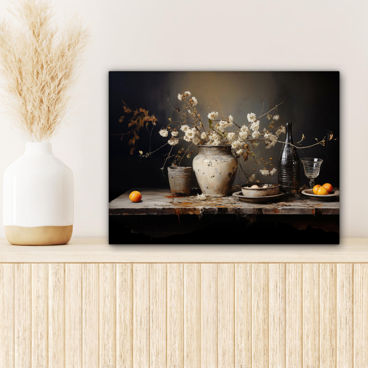 LEINWANDBILD Stilleben - Blumen - Blumenstrauß - Vase - Wein Wandbild 40x30 cm - Schwarz, Textil (40/30cm) - MuchoWow