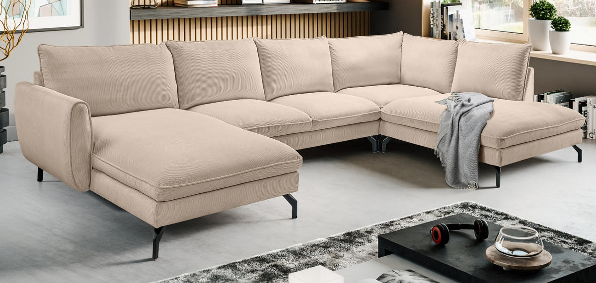 SOFA beige Cord-Stoff 202 x 361 cm, Wohnlandschaft U-Form - Beige/Schwarz, Holz/Textil (361/87/202cm) - Inn.Furn
