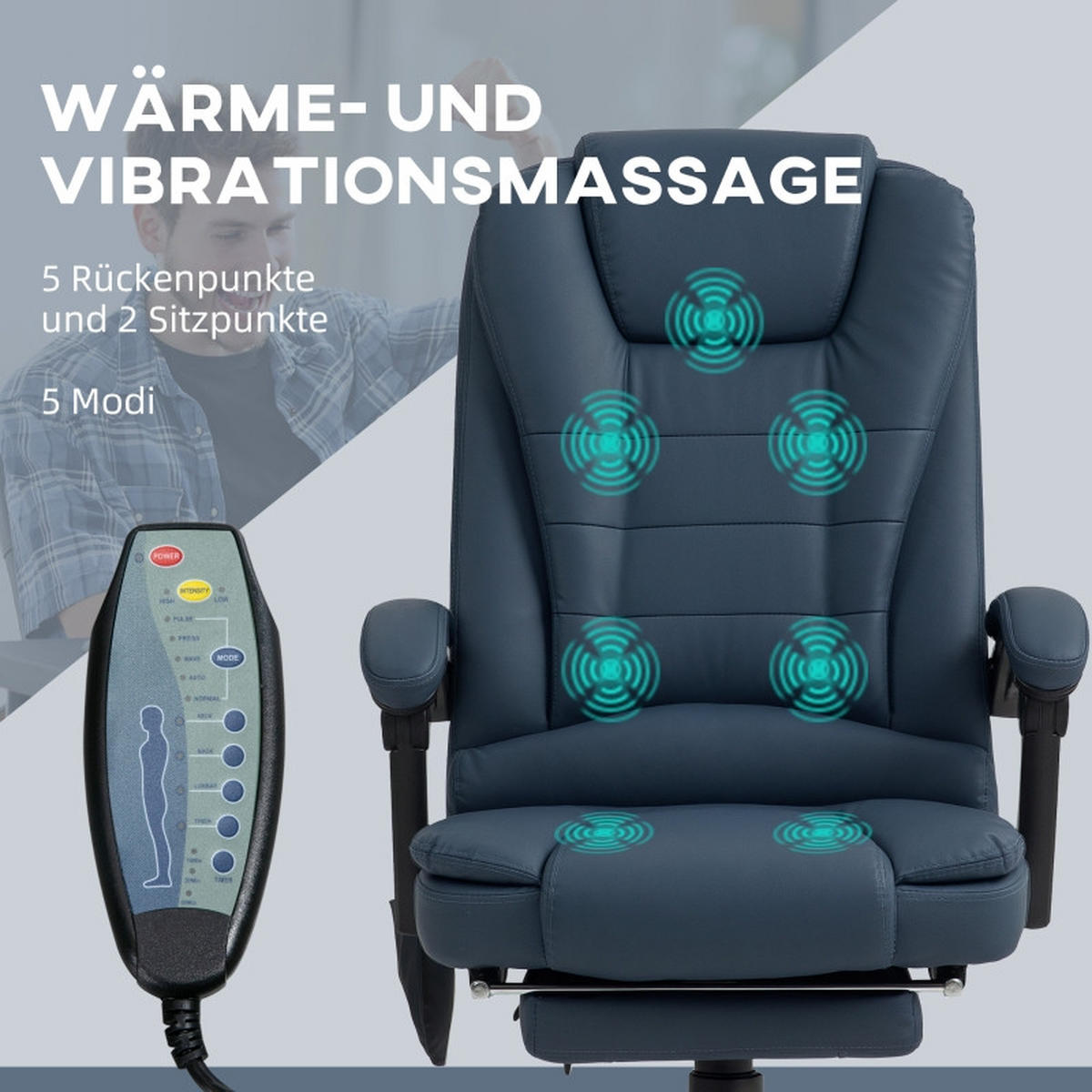 DREHSTUHL Blau mit Massagefunktion, Fußstütze und höhenverstellbar - Blau, Textil/Metall (67/121/67cm) - WISHDOR