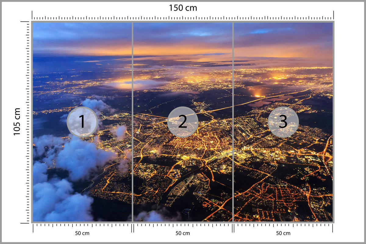 FOTOTAPETE für Wohnzimmer Vogelperspektive Beleuchtete Stadt Skyline 150x105 - Gelb/Orange, Papier (150/105cm) - Muralo