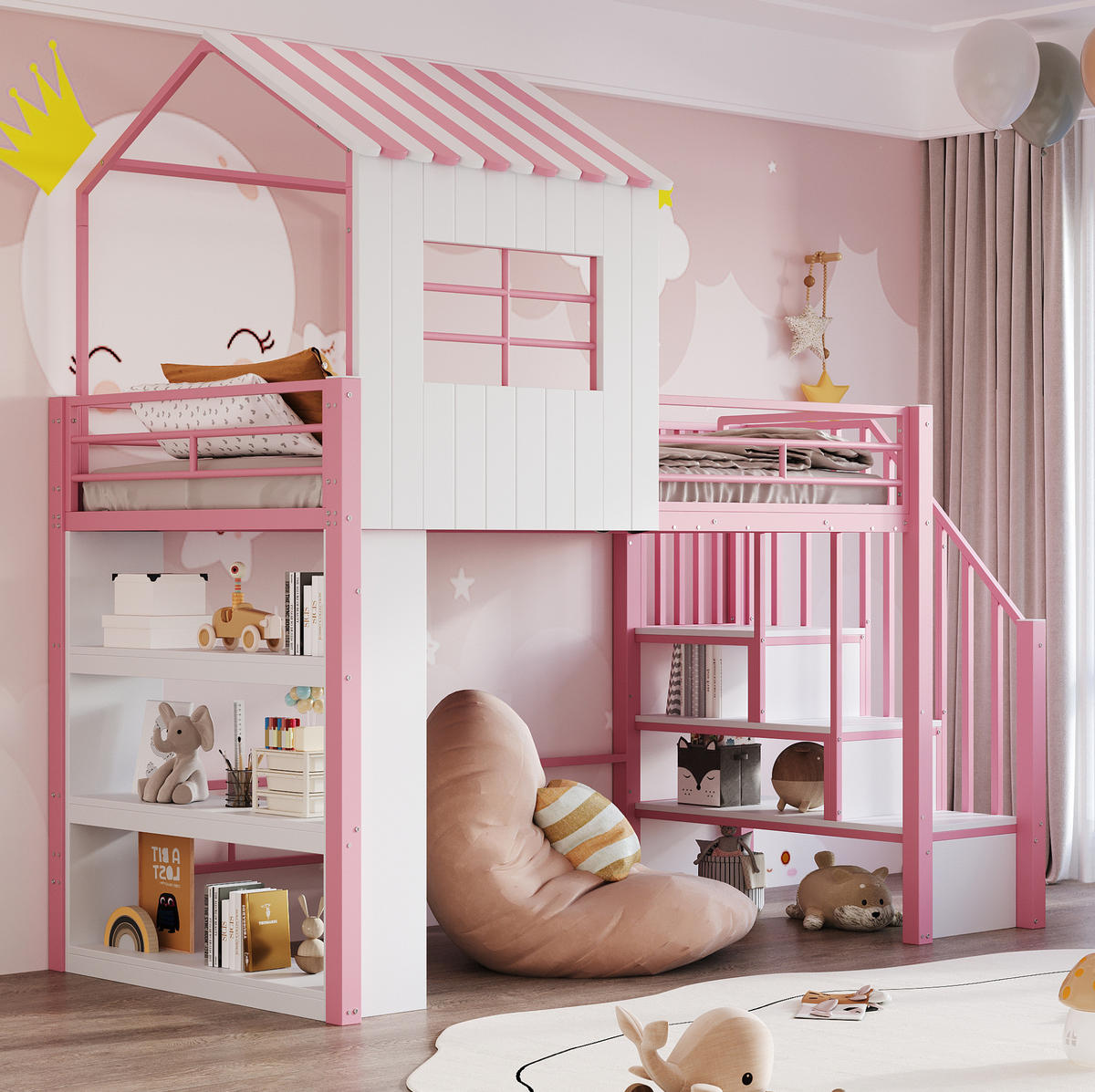 HOCHBETT 90/200 cm aus Metall und MDF mit Stauraumtreppe, Regal und Freiraum unter dem Bett, Rosa/Weiß - Rosa, Metall (90/200cm) - Redom