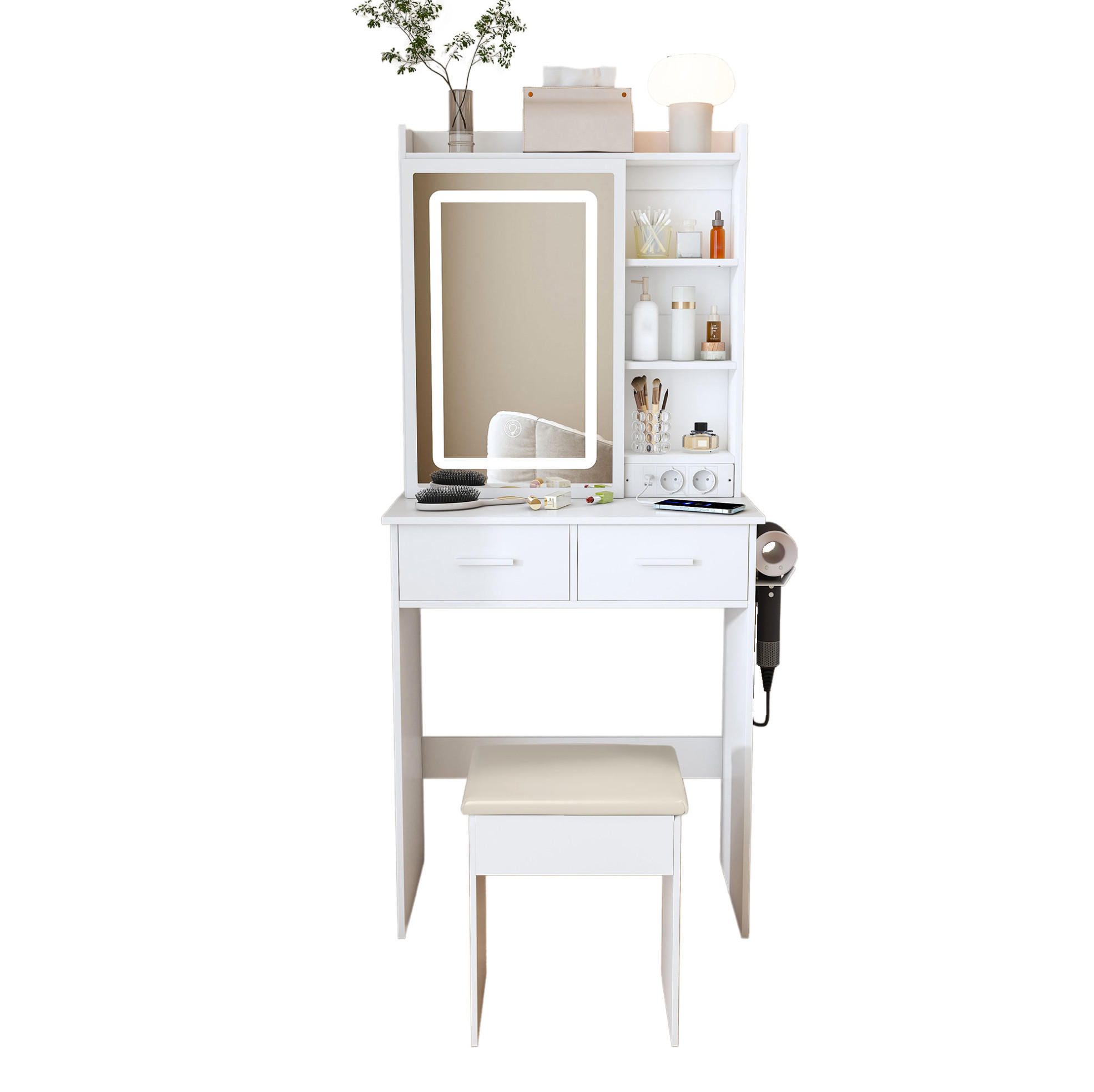 SCHMINKTISCH aus MDF 60x36x136 cm Weiß mit LED-Beleuchtung, USB, Steckdosen, Stauraum und gepolstertem Hocker - Weiß, Holzwerkstoff (60/136/36cm) - Modfu