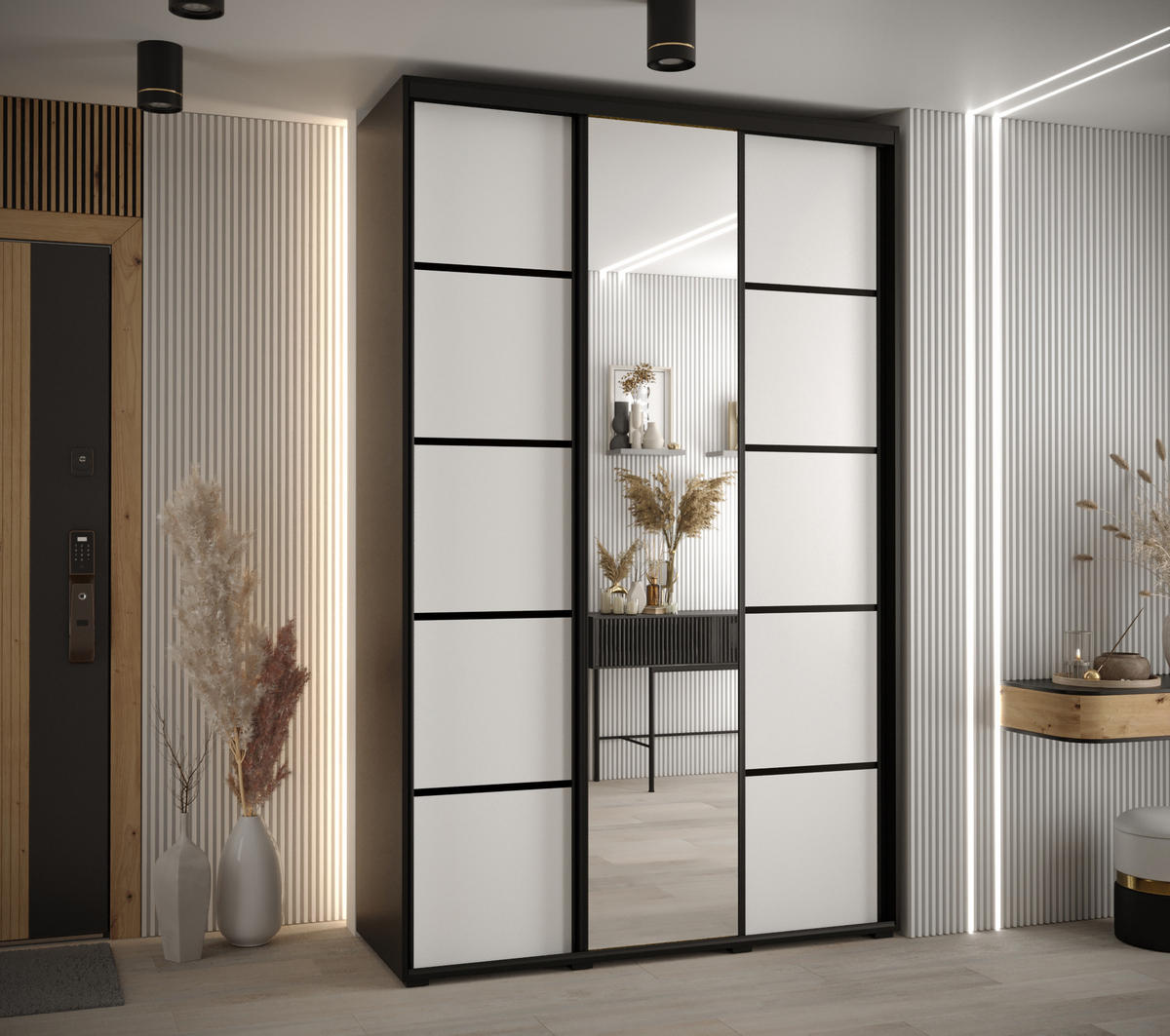 SCHWEBETÜRENSCHRANK 235,2/150/60 3-türig - Schwarz/Weiß, Holz/Metall (150/235/60cm) - Abiks Möbel