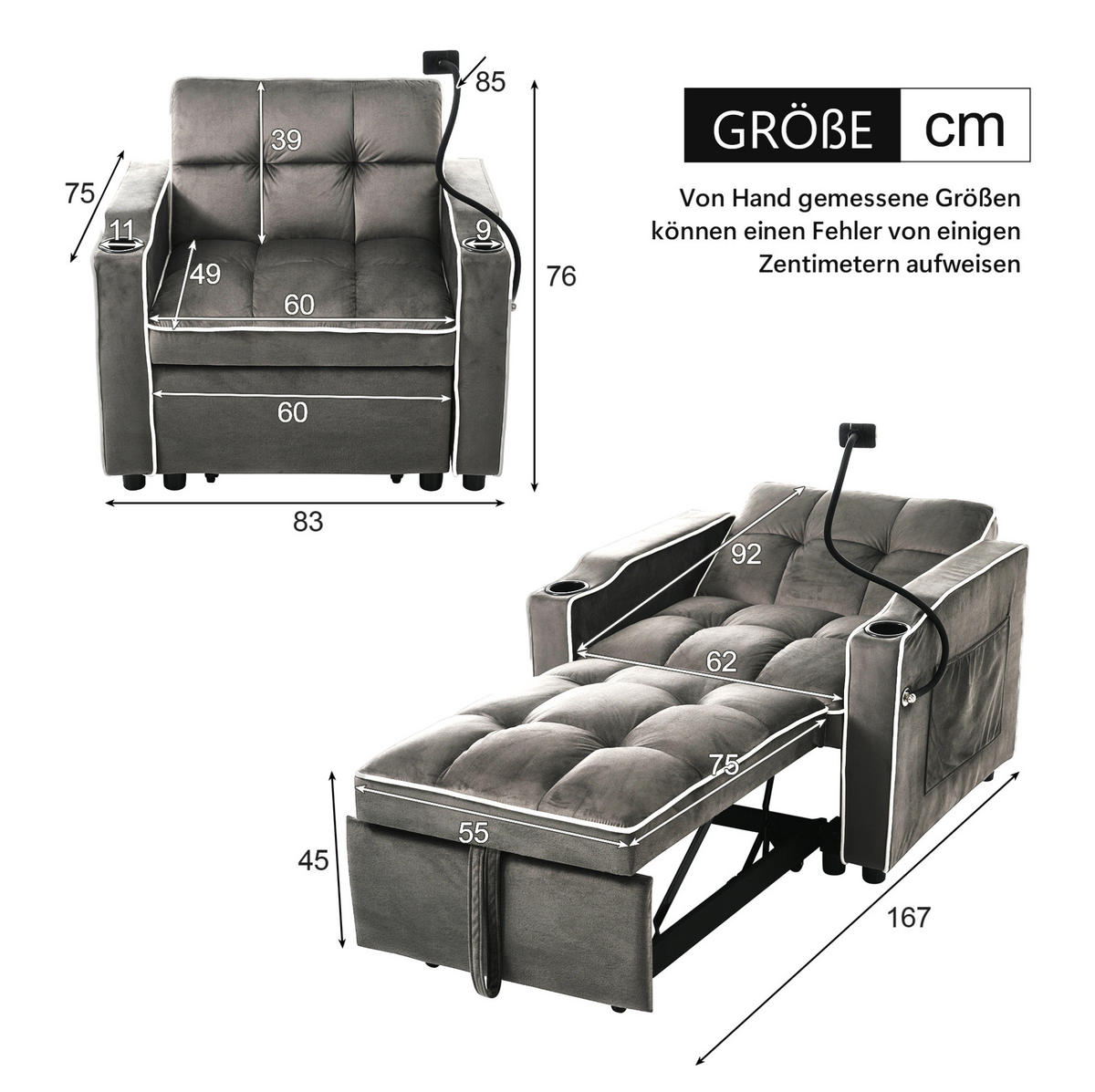 SCHLAFSESSEL Samt 3-in-1 ausziehbar mit Getränkehaltern Antik Dunkelgrau 83/167/76 cm - Dunkelgrau, Textil (83/76/167cm) - Redom