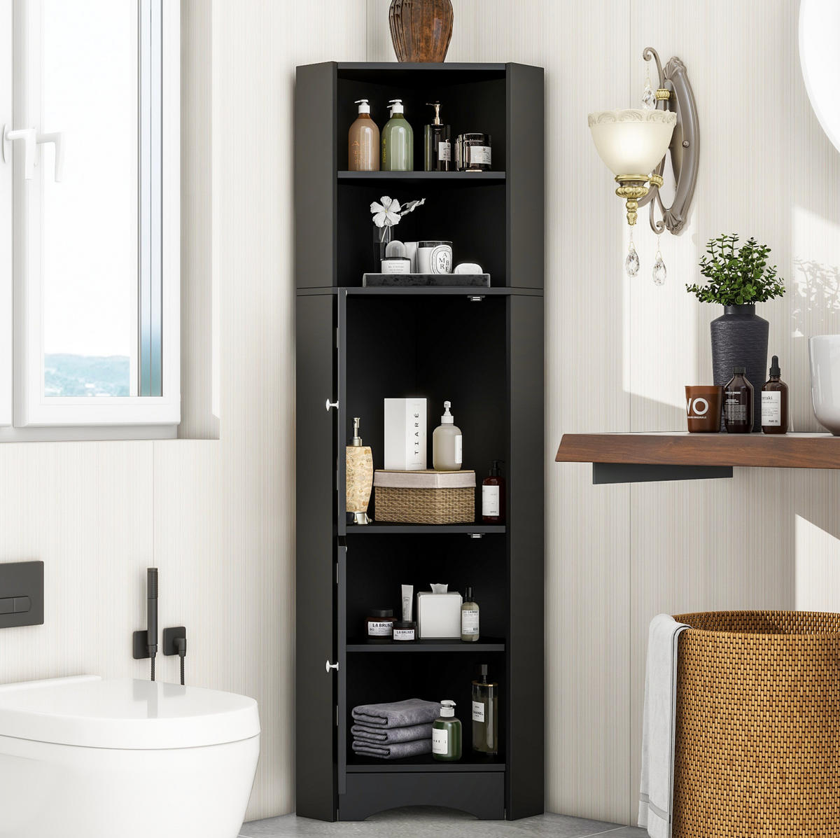 BADSCHRANK Eckschrank mit Ablagefächern 36,5 x 36,5 x 155 cm Schwarz - Schwarz, Holzwerkstoff (36.5/155/36.5cm) - Beauniv