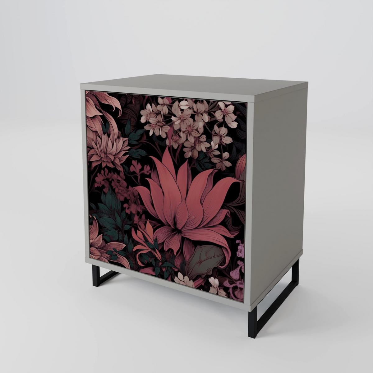 SIDEBOARD FLORAL WHISPER, Grau, 57,5x42x70,5 cm, Schwarze Metall-Sternfüße - Multicolor/Schwarz, Holzwerkstoff/Metall (57.5/70.5/42cm) - SpaceRebels