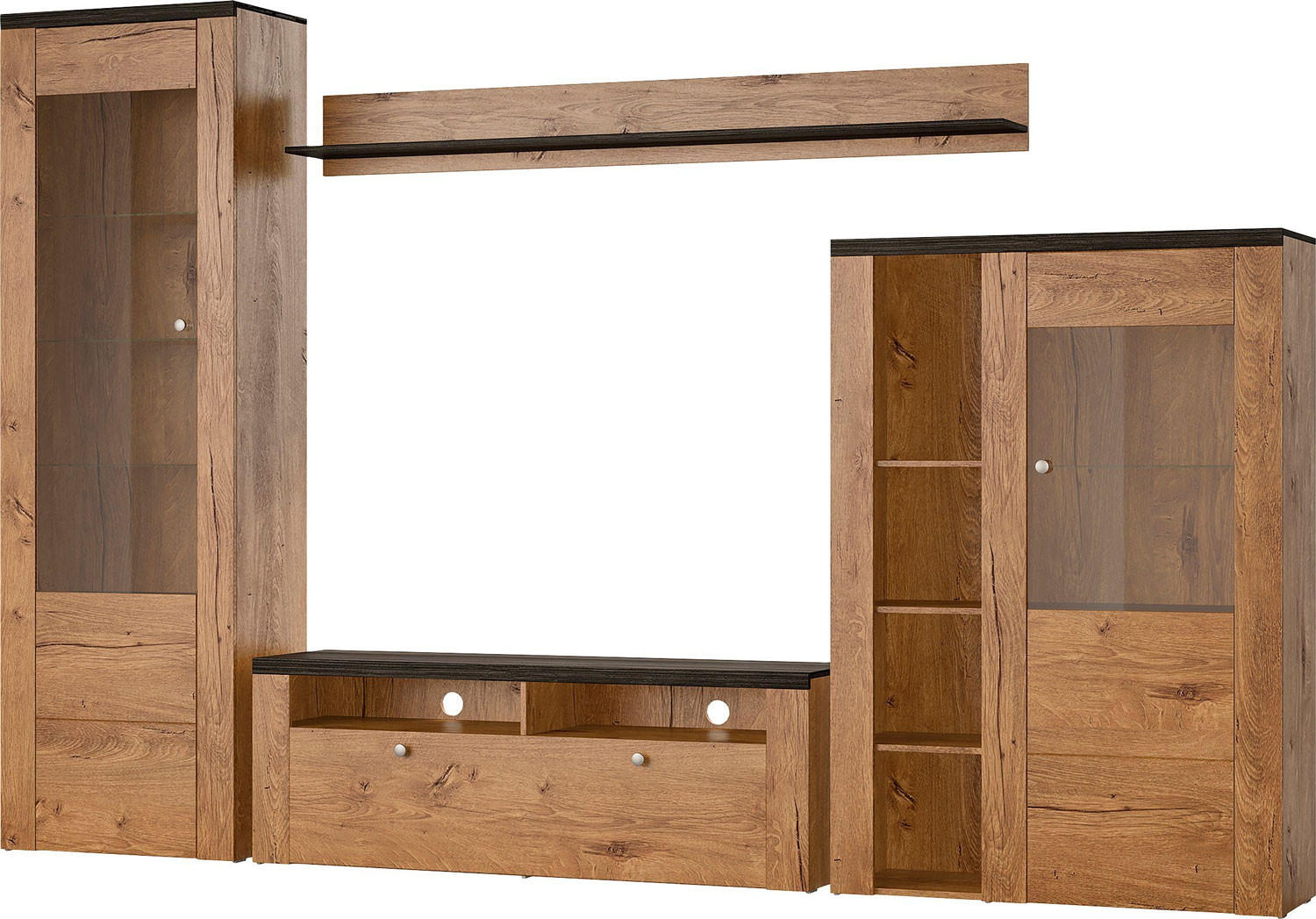 WOHNWAND Larona Eiche Lefkas dunkel 305 / 37 / 205cm 4-teilig - Eichefarben/Braun, Holz/Holzwerkstoff (305/205/37cm) - Feldmann-Wohnen