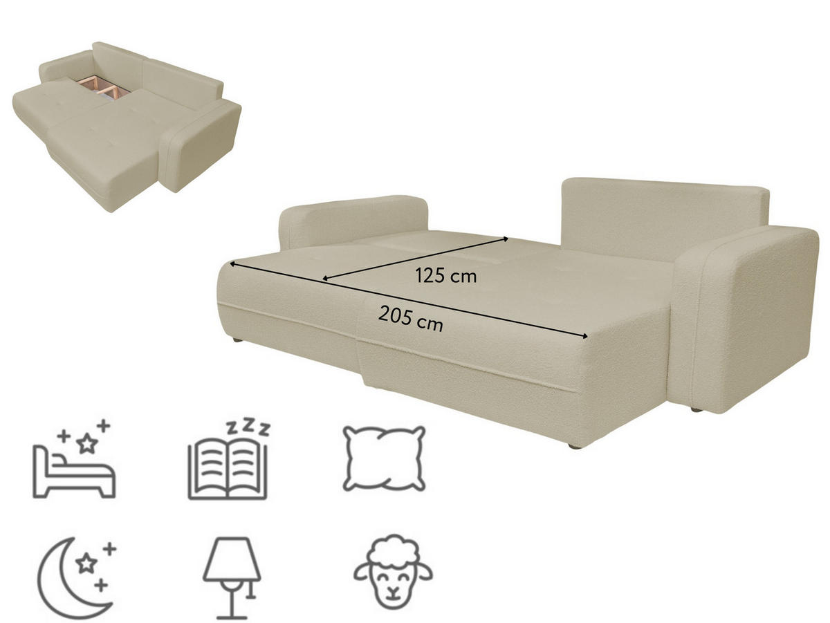 ECKSOFA Oreo L-Form Mit Bettkasten Und Schlaffunktion Quelle-Stoff Beige Rechts - Beige, Holz (247/143cm) - Kaiser Möbel